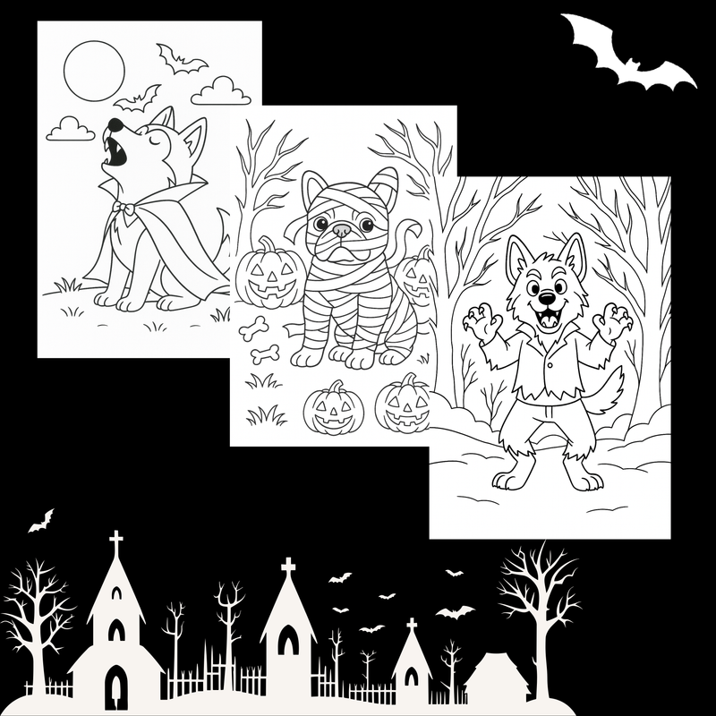 Halloween Dog Coloring Pages - 20 Printable Dog Breeds in Costumes + Bonus Design Page - Instant Download PDF