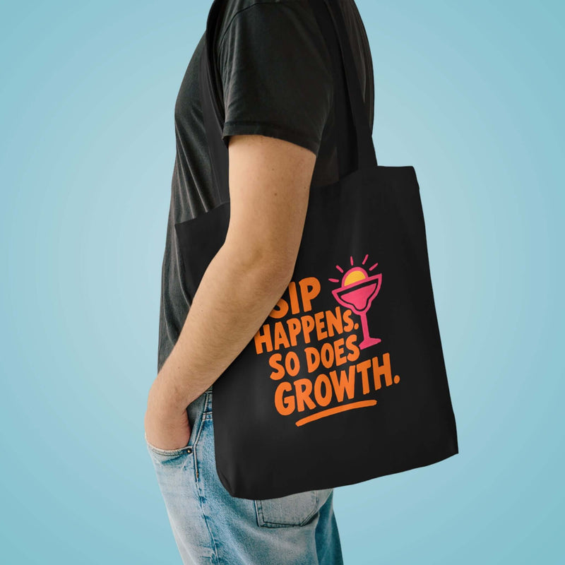 Stylish Sip Happens Growth Tote Bag on a person, perfect for beach, grocery, and eco-friendly use.