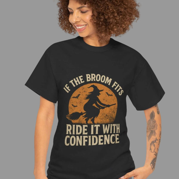 Woman wearing a black t-shirt with a graphic and text on a white background