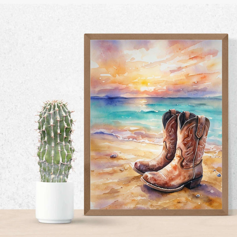 Rustic Cowboy Beach Digital Wall Art – Western Boots Sunset Print, Coastal Landscape Decor
