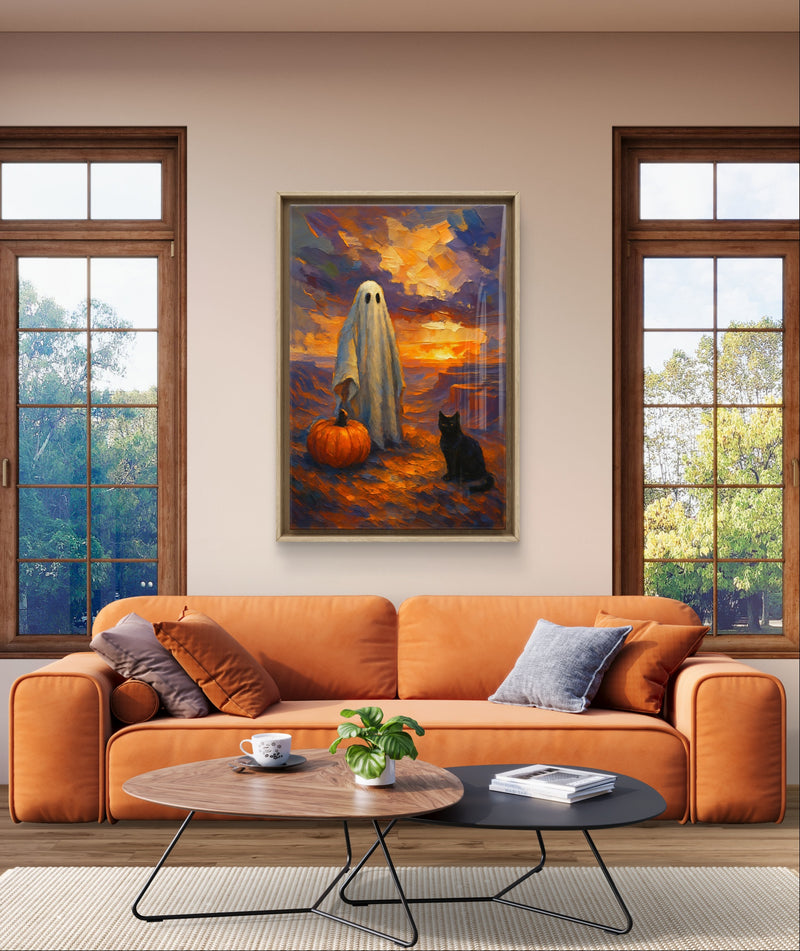 Printable Halloween Wall Art Ghost with Pumpkin and Black Cat at Sunset