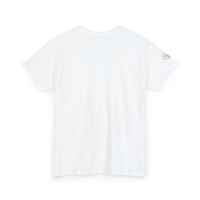 Back view of a white unisex t-shirt featuring an owl design and the phrase 'My Intuition Never Lies'.