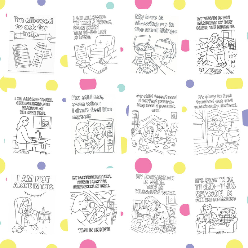 Printable parenting affirmation coloring pages featuring uplifting messages for caregivers and self-care reminders.