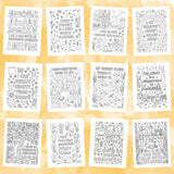Various neurodivergent affirmation coloring pages featuring inspiring quotes and designs for mindfulness.