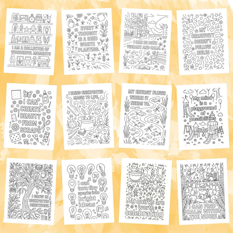 Various neurodivergent affirmation coloring pages featuring inspiring quotes and designs for mindfulness.