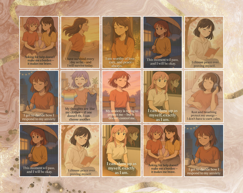 Anime Style Affirmation Cards for Teen Girls Mental Health Support | Set 3 of 6 | Printable A6 PDF PNG Files for Anxiety & Self Worth