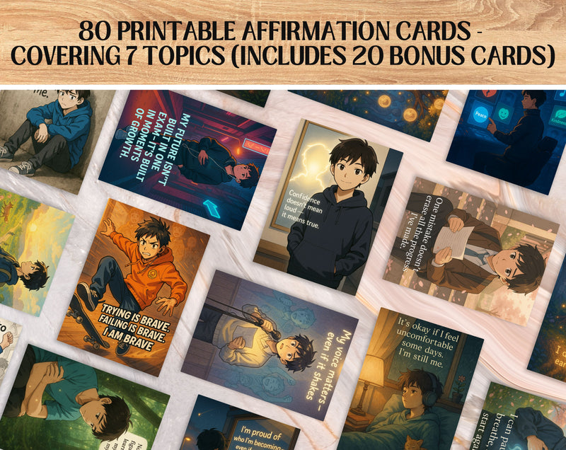 80 Anime Affirmation Cards for Teen Boys | Mental Health, Confidence, Body Image, Puberty, Bullying, Relationships & Academic Stress Set
