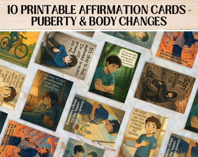 Anime Affirmation Cards for Teen Boys – Set 4 Puberty & Body Changes Printable