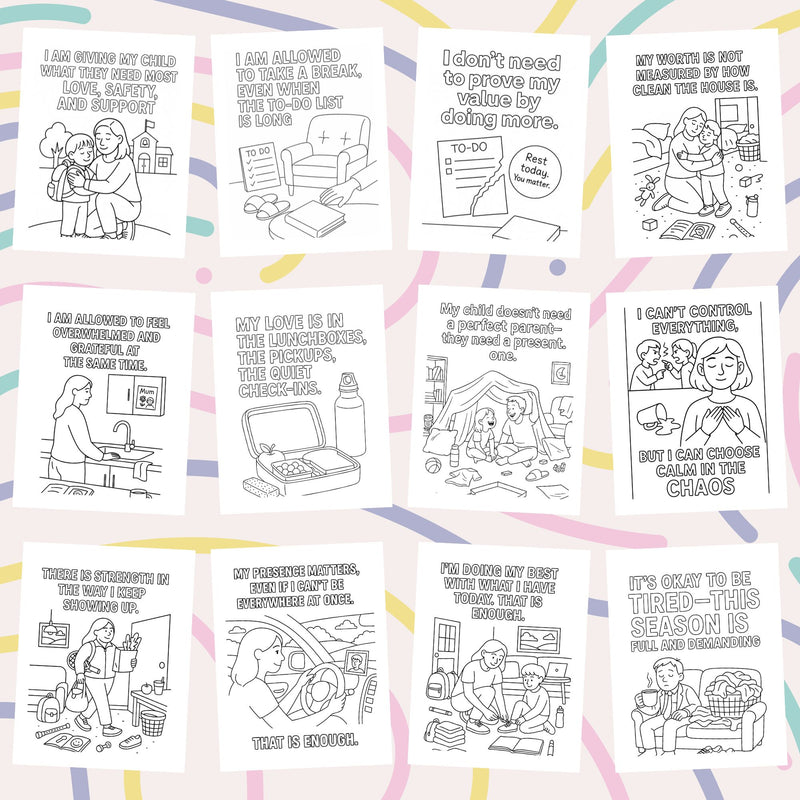 Printable affirmation coloring pages for parents featuring uplifting messages and self-care reminders.
