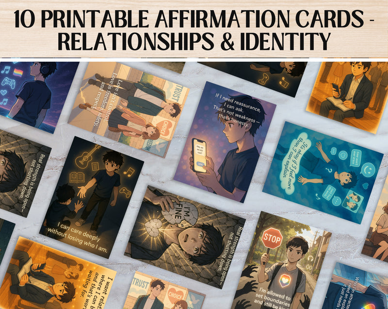 Anime Affirmation Cards for Teen Boys – Relationships & Identity - Printable Mental Health & Self-Esteem Support