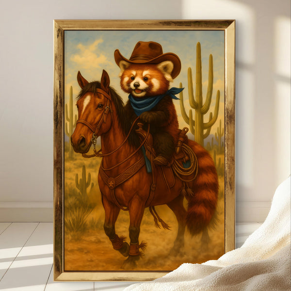 Framed artwork of a red panda riding a horse in a desert setting