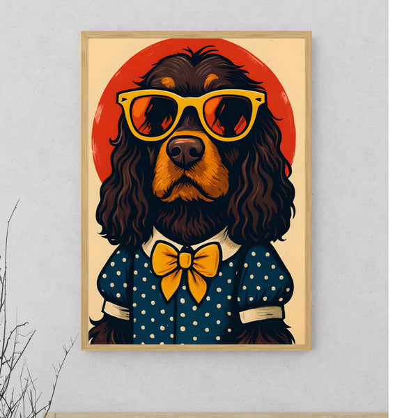 Retro Cocker Spaniel wall art with sunglasses and bow tie, vibrant dog portrait for home decor.
