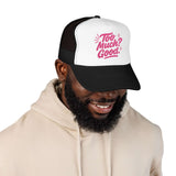 African American man smiling in a Too Much Good Foam Trucker Hat, perfect for summer outings.