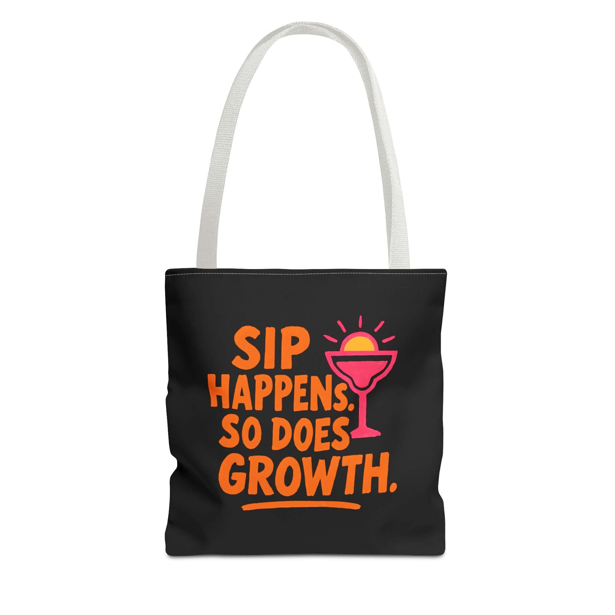 Sip Happens Growth Tote Bag with a fun slogan and colorful design, perfect for beach or grocery shopping.