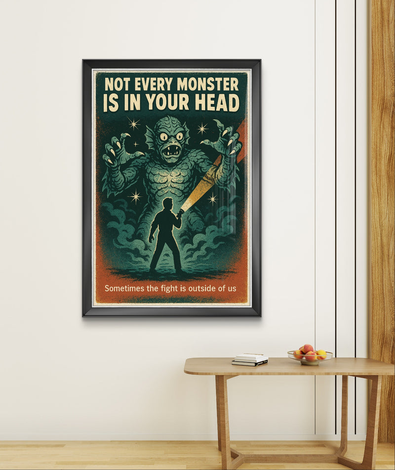 Not Every Monster Is in Your Head Retro Wall Art Print – Mental Health Poster, Vintage Horror Style Printable