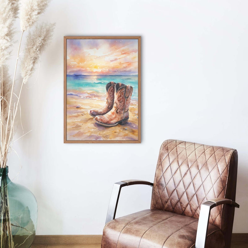 Rustic Cowboy Beach Digital Wall Art – Western Boots Sunset Print, Coastal Landscape Decor