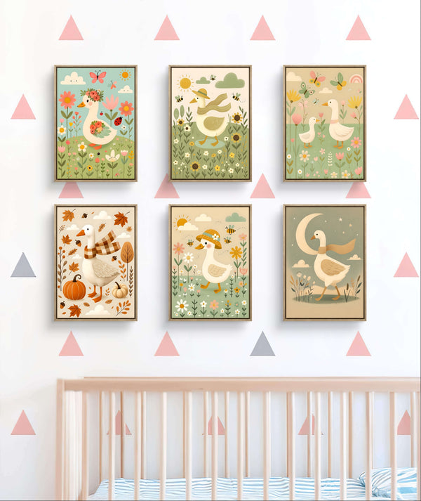 Farm animal nursery wall art set featuring goose illustrations in soft watercolors, perfect for baby rooms.