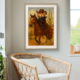 Cowboy Red Panda Digital Art Print,  Western Animal Wall Decor, Cute Rustic Country Style
