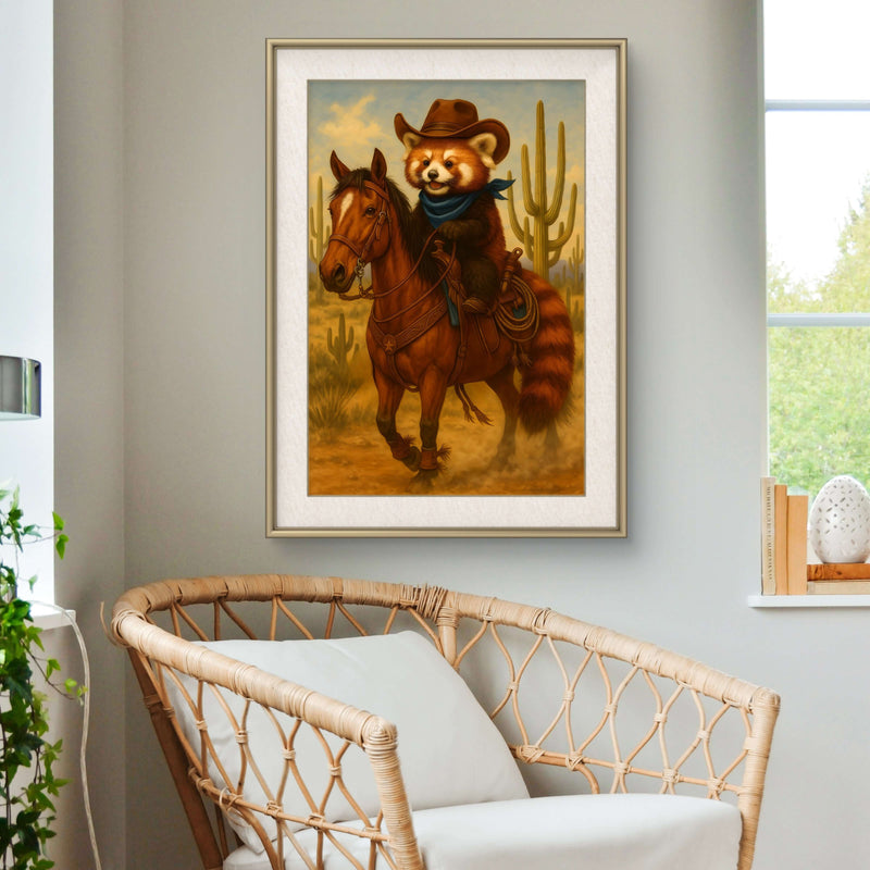 Cowboy Red Panda Digital Art Print,  Western Animal Wall Decor, Cute Rustic Country Style