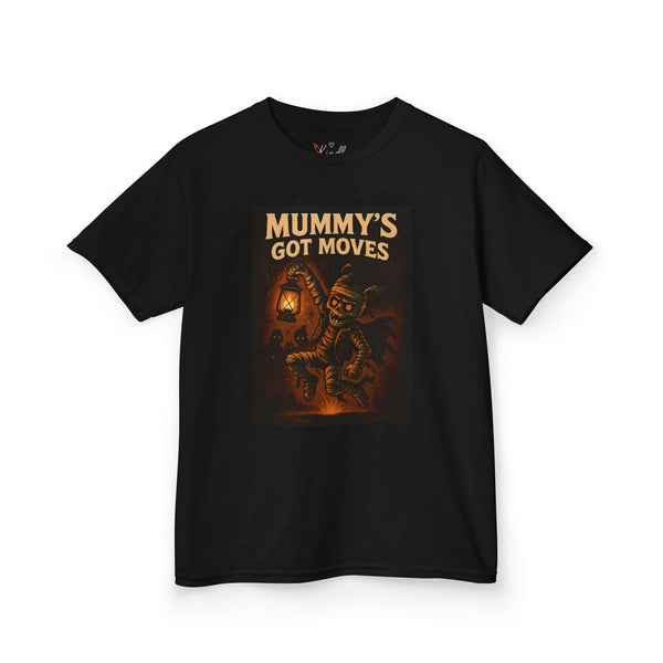 Kids Halloween T-Shirt featuring 'Mummy's Got Moves' design on a black background, perfect for playful and creative children.