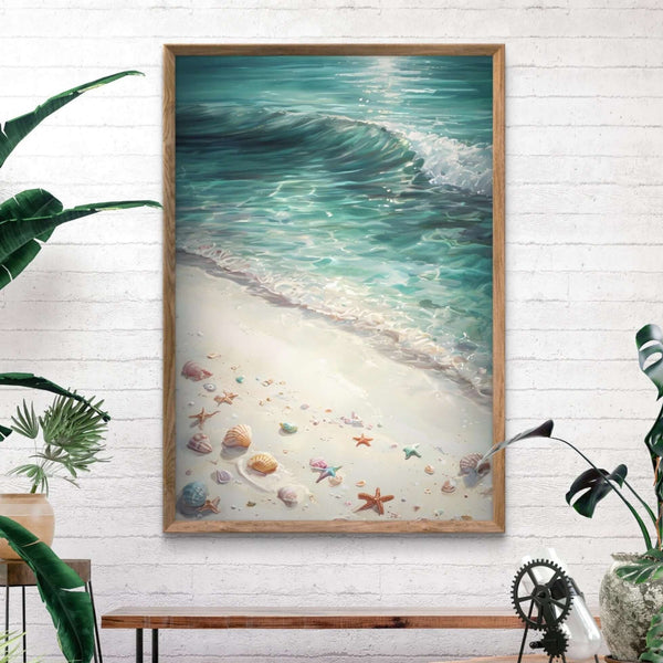 Framed beach scene artwork on a wall with plants and furniture in the room.