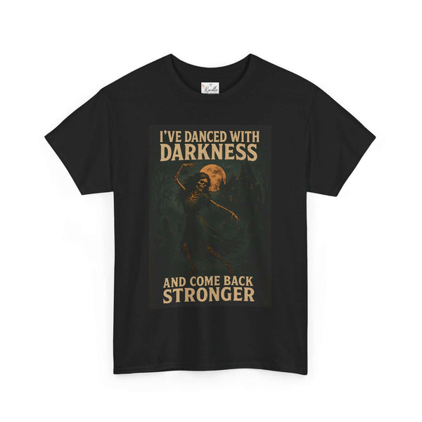 Black t-shirt with graphic design and text on a white background