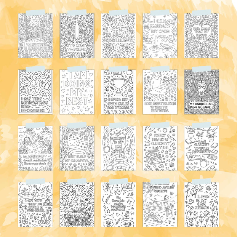 Neurodivergent coloring book bundle featuring 100 mindful affirmation pages for creativity and relaxation.
