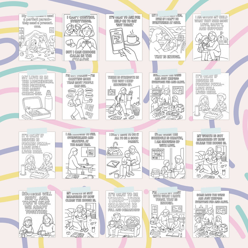 20 printable affirmation coloring pages for parents, featuring uplifting designs and self-care messages.
