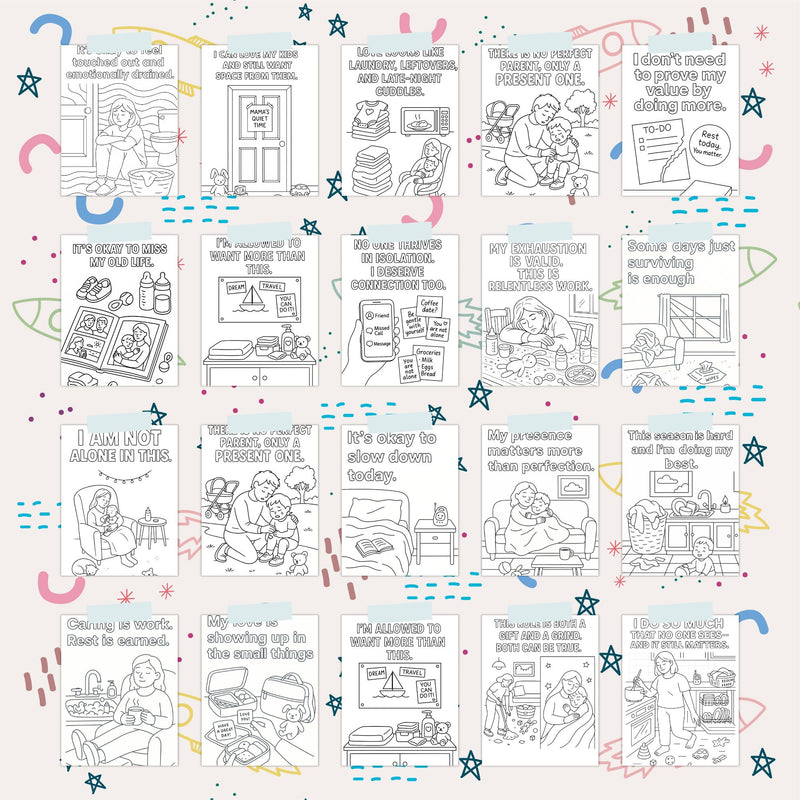 Printable affirmation coloring pages for new parents and caregivers featuring encouraging messages and designs.