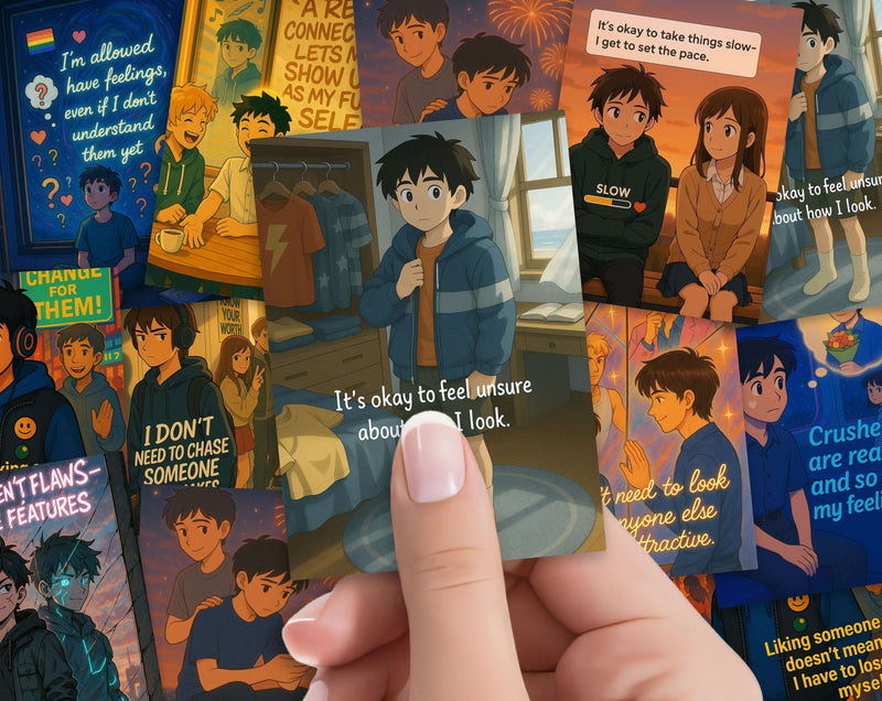 Anime Affirmation Cards for Teen Boys – Confidence, Body Image & Crush Support, Set of 10 Digital Cards