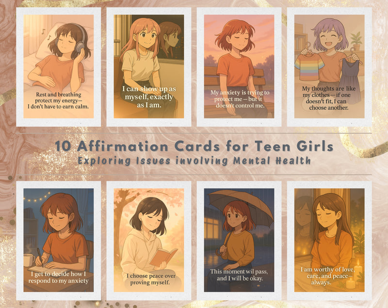Anime Style Affirmation Cards for Teen Girls Mental Health Support | Set 3 of 6 | Printable A6 PDF PNG Files for Anxiety & Self Worth