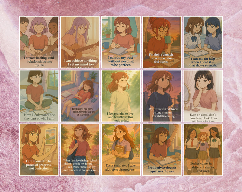 Empowering Teen Girl Affirmation Cards Set of 85 | 6 Topics for Confidence, Body Image, Mental Health & Resilience