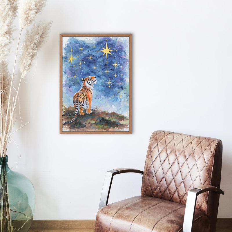 Starry Night Tiger Digital Wall Art – Watercolor Printable for Preppy & Kitsch Decor
