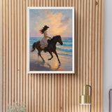 Coastal cowgirl wall art featuring a woman riding a horse along the beach during sunset, perfect for rustic decor.