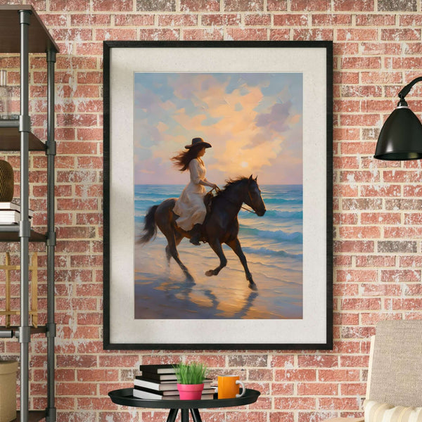 Boho Cowgirl wall art featuring a woman riding a horse along the beach, perfect for coastal decor.