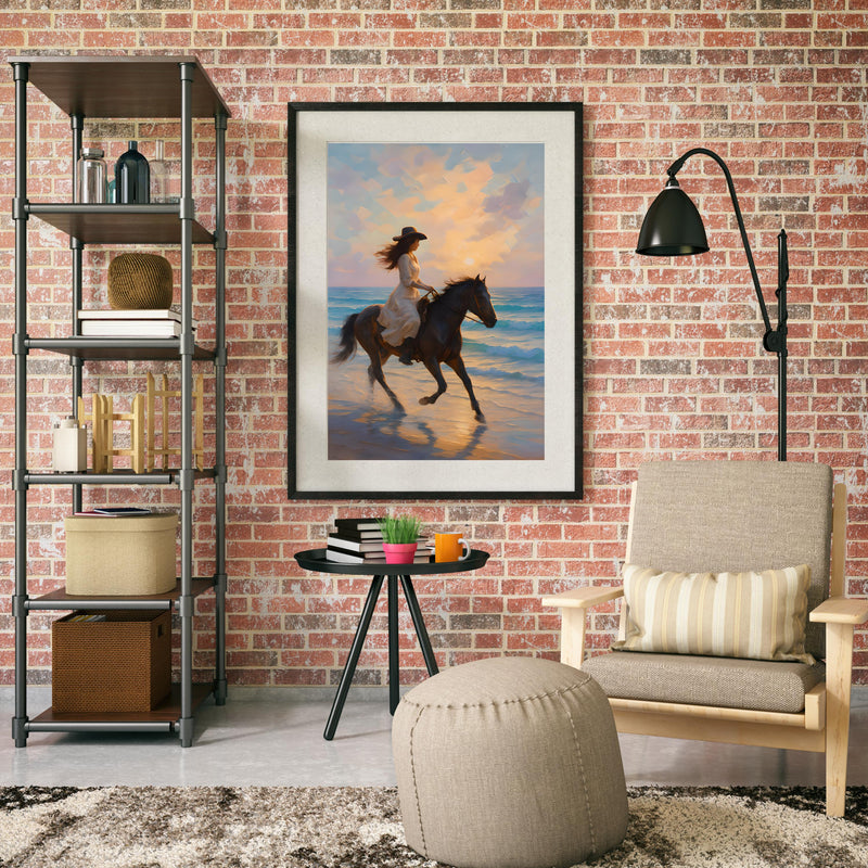 Boho Cowgirl wall art featuring a woman riding a horse along the beach, perfect for coastal decor.