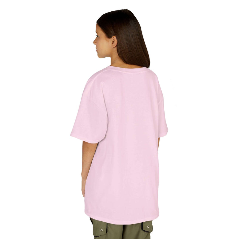 Back view of a girl wearing a pink Kids Magical Kindness Tee, showcasing its comfortable and playful design.