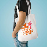Sip Happens Growth Tote Bag on model, eco-friendly cotton bag for beach or grocery shopping.