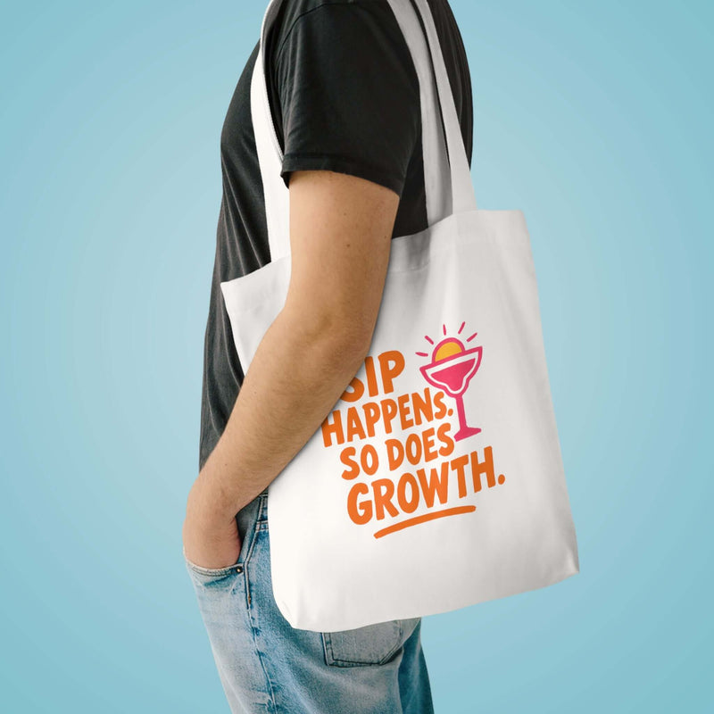 Sip Happens Growth Tote Bag on model, eco-friendly cotton bag for beach or grocery shopping.