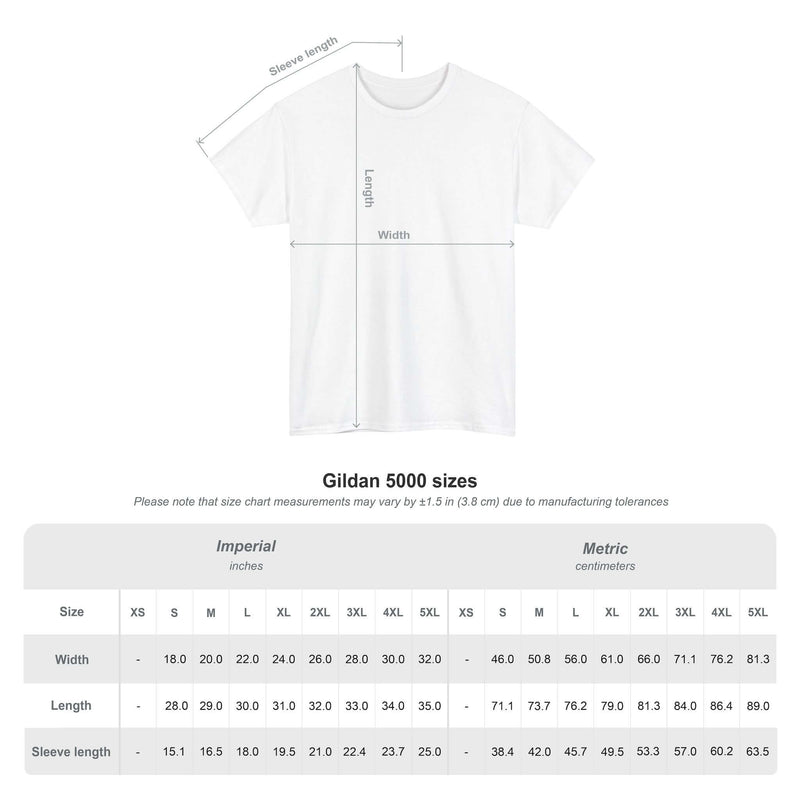 Gildan 5000 t-shirt size chart with measurements in inches and centimeters for optimal fit.