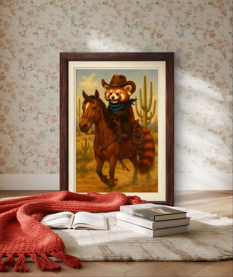 Cowboy Red Panda Digital Art Print,  Western Animal Wall Decor, Cute Rustic Country Style