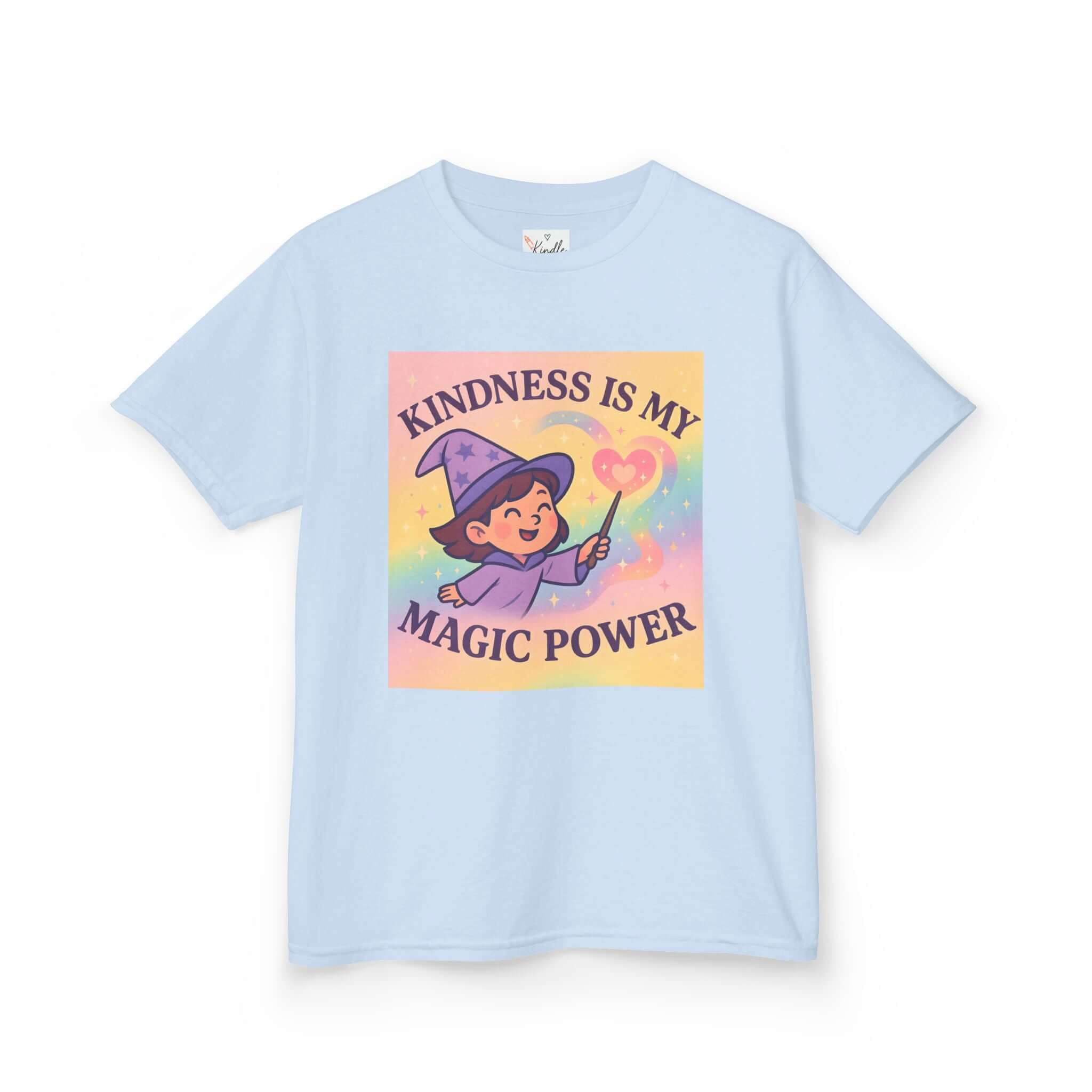 Kids Magical Kindness Tee, blue cotton t-shirt with whimsical design reading 'Kindness is My Magic Power' for girls.