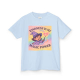 Kids Magical Kindness Tee, blue cotton t-shirt with whimsical design reading 'Kindness is My Magic Power' for girls.