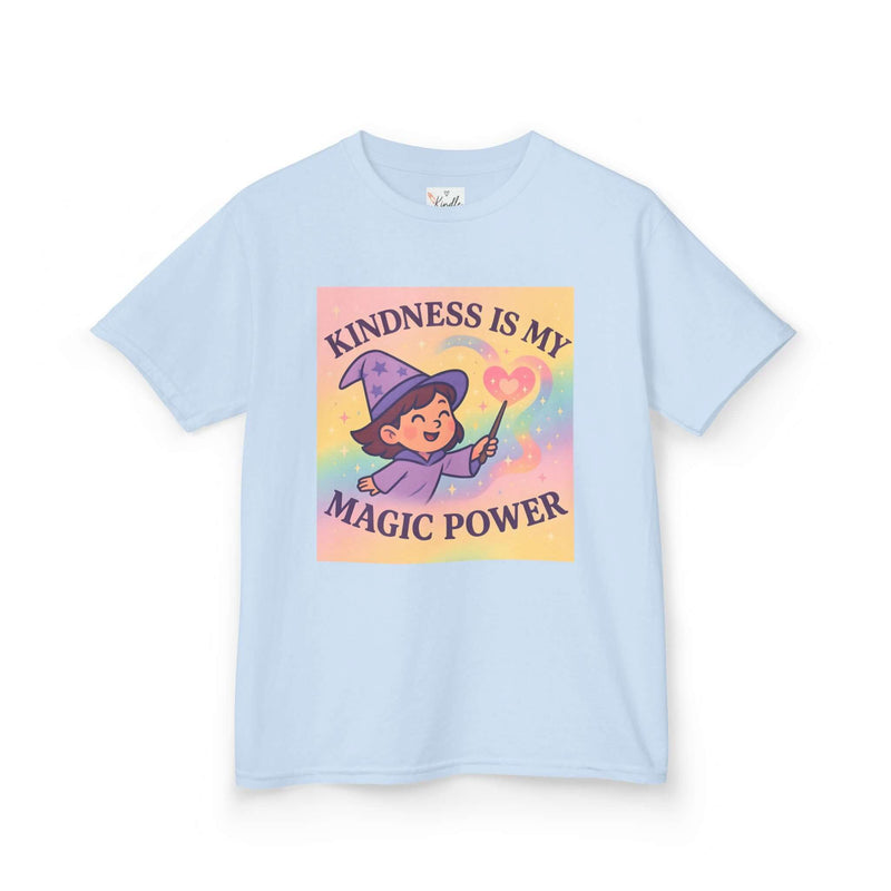 Kids Magical Kindness Tee, blue cotton t-shirt with whimsical design reading 'Kindness is My Magic Power' for girls.