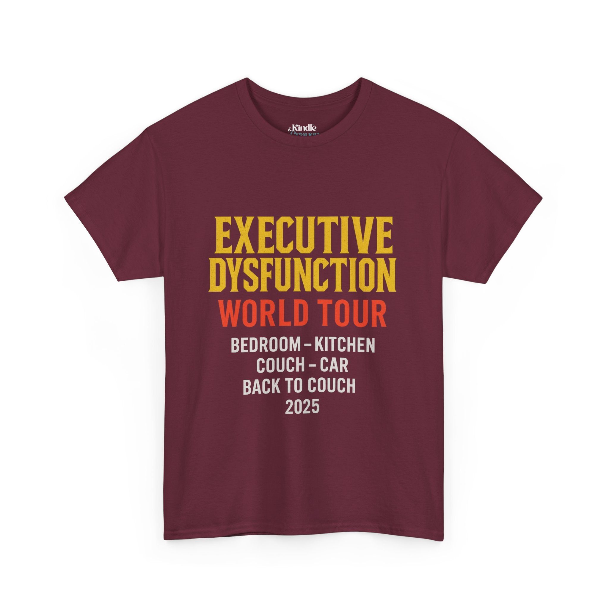Executive dysfunction funny unisex cotton t-shirt design, featuring 'World Tour' and humorous locations in bold colors.