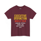 Executive dysfunction funny unisex cotton t-shirt design, featuring 'World Tour' and humorous locations in bold colors.