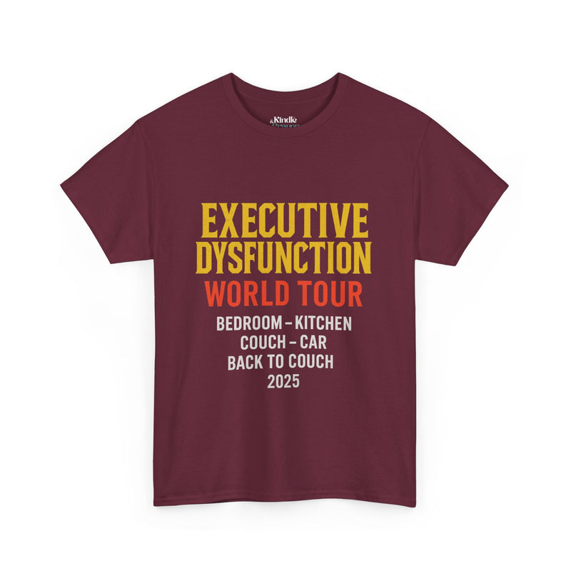 Executive dysfunction funny unisex cotton t-shirt design, featuring 'World Tour' and humorous locations in bold colors.