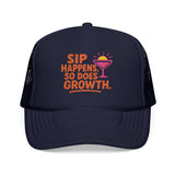 Sip Happens Foam Trucker Hat with vibrant embroidered design, perfect for summer casual attire and self-expression.