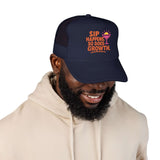 Man wearing a Sip Happens Foam Trucker Hat, featuring vibrant embroidery, perfect for summer style.