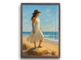 Coastal Cowgirl Wall Art featuring a woman in a white dress on a beach rock, blending coastal and western decor styles.